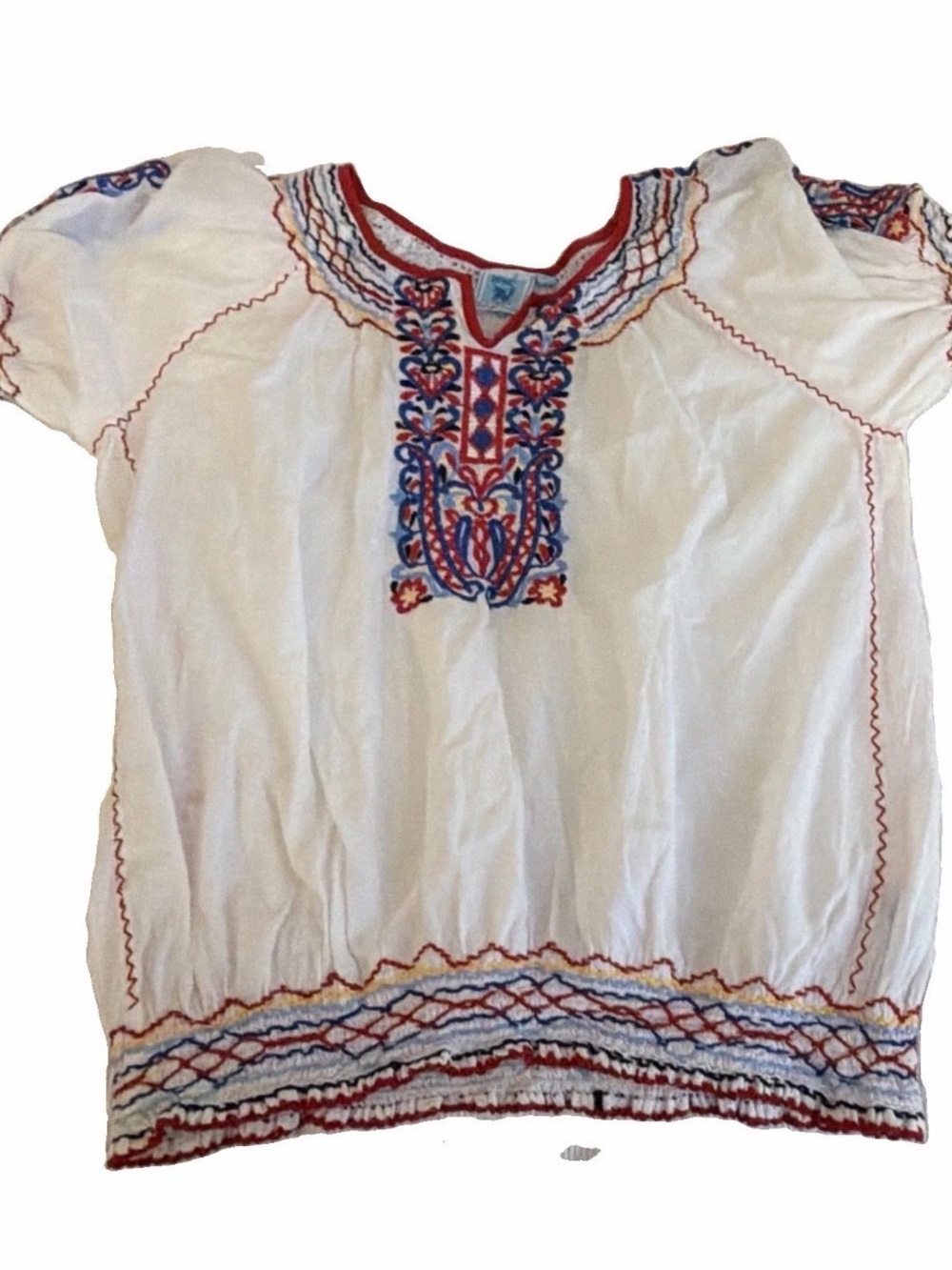 Embroidered White Kids Peasant Top with Red & Blue Detail